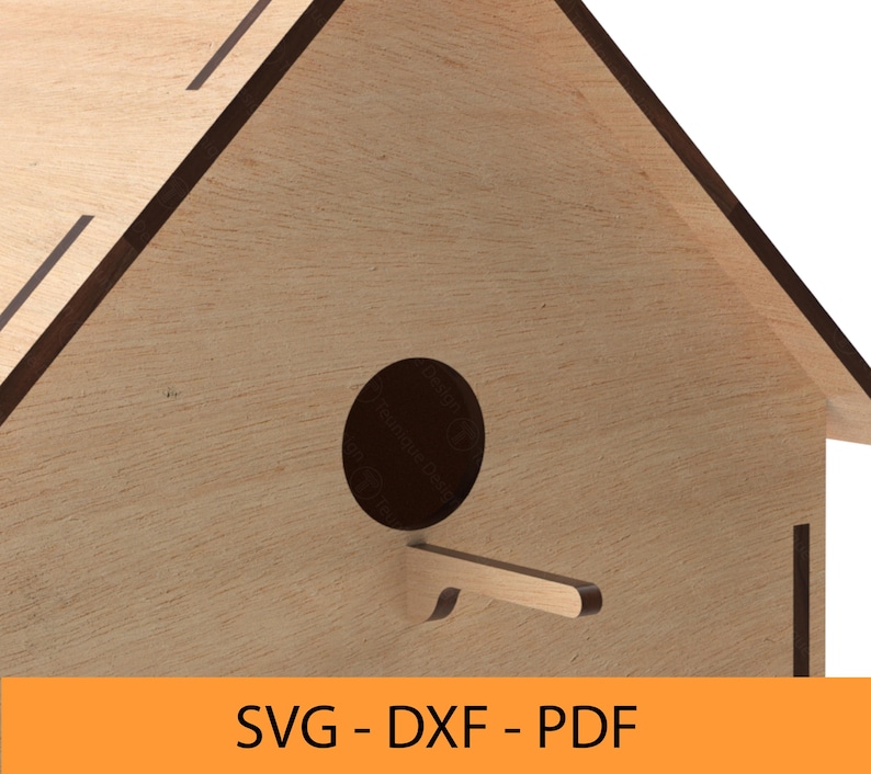 May include: A wooden birdhouse with a round entrance hole and a small perch. The birdhouse is made of light brown wood with dark brown trim.