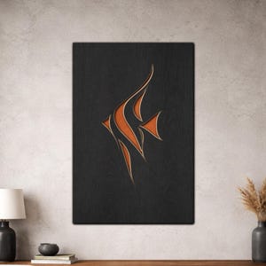 Peut inclure: Tableau rectangulaire avec un motif de poisson orange stylisé sur fond gris foncé. Le poisson a une esthétique moderne avec des angles vifs et un contour doré. L'œuvre est montée sur un panneau de bois, idéale pour la décoration intérieure.