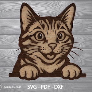 Op de afbeelding: Een houten kattenuitsparing met een lachend gezicht en poten, met een lichtbruine basis en donkerbruine geëtste details. De afbeelding bevat de tekst "Teunique Design" en "SVG - PDF - DXF".