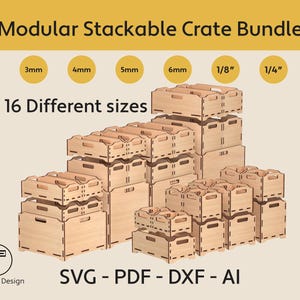 Puede incluir: Un conjunto de cajas de madera modulares y apilables de varios tamaños. La imagen muestra 16 tamaños de cajas diferentes, con indicaciones de dimensiones en milímetros y pulgadas. Las cajas están dispuestas de forma atractiva.