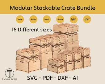 Paquete de cajas modulares apilables | Archivos de corte láser para cajas de almacenamiento | SVG, DXF, PDF | 16 tamaños | Sistema de organización para talleres