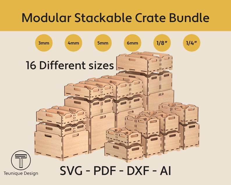 Może przedstawiać: Zestaw modułowych, sztaplowanych drewnianych skrzyń w r&oacute;żnych rozmiarach. Obraz przedstawia 16 r&oacute;żnych rozmiar&oacute;w skrzyń, z oznaczeniami wymiar&oacute;w w milimetrach i calach. Skrzynie są ułożone w atrakcyjny spos&oacute;b.