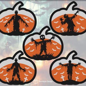 May include: Five orange and white pumpkin-shaped stickers with black silhouettes of zombies and bats. The stickers have a Halloween theme.