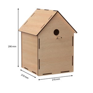 May include: A wooden birdhouse with a pitched roof and a round entrance hole. The birdhouse is 290 mm tall, 210 mm wide, and 210 mm deep.