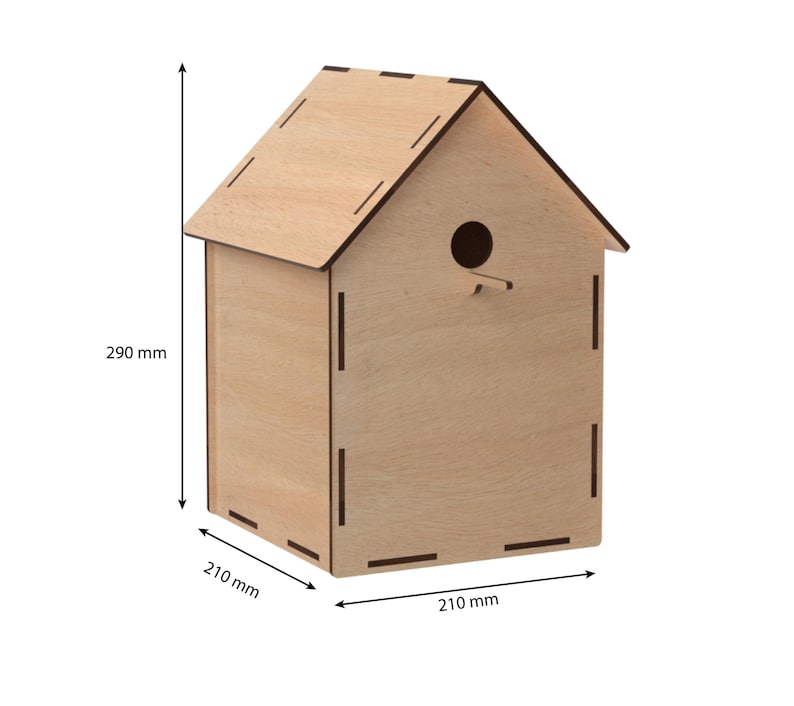 May include: A wooden birdhouse with a pitched roof and a round entrance hole. The birdhouse is 290 mm tall, 210 mm wide, and 210 mm deep.