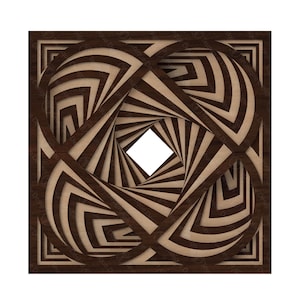 Op de afbeelding: Een vierkant houten wandkunstwerk met een geometrisch ontwerp. Het kunstwerk heeft een herhalend patroon van donkerbruine en lichtbruine gebogen lijnen, waardoor een driedimensionaal effect ontstaat. Het midden heeft een vierkante uitsparing.