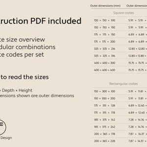 Może przedstawiać: Beżowy dokument PDF z informacjami o rozmiarach skrzyń. Zawiera przeglądy, kombinacje modułowe i kody na zestaw. Wymiary w mm i calach. Od Teunique Design.