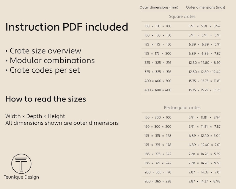 Może przedstawiać: Beżowy dokument PDF z informacjami o rozmiarach skrzyń. Zawiera przeglądy, kombinacje modułowe i kody na zestaw. Wymiary w mm i calach. Od Teunique Design.