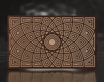 May include: A geometric pattern of squares and circles is carved into a wooden panel. The pattern is in shades of brown and beige, creating a visually interesting and intricate design.