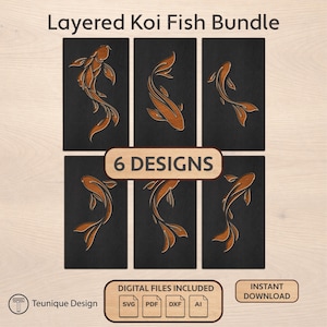 May include: A digital art bundle with six layered koi fish designs. Each design features a koi fish in a different pose, in a warm brown hue against a black background. The text "Layered Koi Fish Bundle" and "6 DESIGNS" are visible.