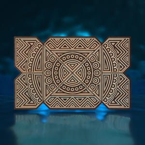 May include: A wooden wall art piece with a geometric design in shades of brown. The design features circles, triangles, and squares.