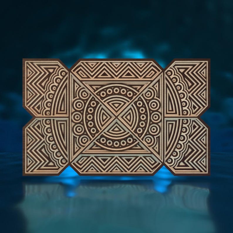 May include: A wooden wall art piece with a geometric design in shades of brown. The design features circles, triangles, and squares.