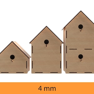 May include: Three wooden birdhouses of different sizes, each with a small hole for birds to enter. The birdhouses are made of light brown wood and have a simple design. The smallest birdhouse is on the left, the middle birdhouse is in the center, and the largest birdhouse is on the right. The birdhouses are all 4 mm thick.