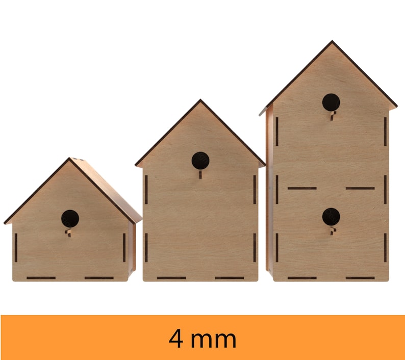 May include: Three wooden birdhouses of different sizes, each with a small hole for birds to enter. The birdhouses are made of light brown wood and have a simple design. The smallest birdhouse is on the left, the middle birdhouse is in the center, and the largest birdhouse is on the right. The birdhouses are all 4 mm thick.