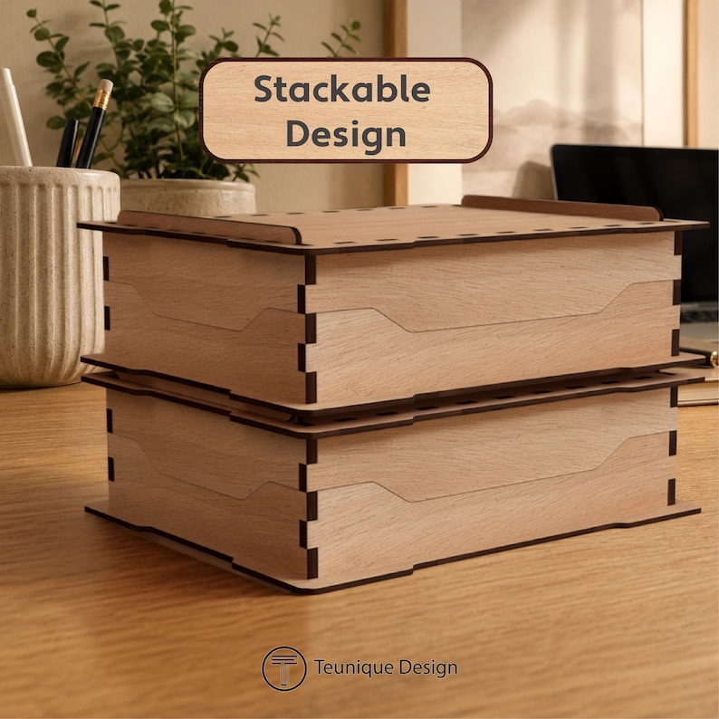 May include: Two stackable wooden boxes in a light brown finish with dark brown edges. The boxes have a unique design and the text "Stackable Design" is displayed above them. The Teunique Design logo is at the bottom.