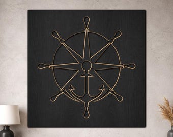 Nautical Compass Rose SVG, 3 Layer Ship Wheel Anchor Laser Cut File, Coastal Line Art Wood Wall Decor Download