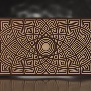 May include: A geometric pattern of squares and circles in shades of brown and beige. The pattern is created by overlapping squares and circles, creating a sense of depth and dimension.