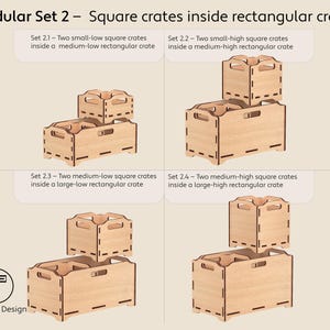 Może przedstawiać: Modułowy zestaw drewnianych skrzyń, z kwadratowymi skrzyniami wewnątrz prostokątnych skrzyń. Obraz przedstawia cztery r&oacute;żne konfiguracje skrzyń, każda o r&oacute;żnych rozmiarach i układach. Tekst na obrazie brzmi "Modular Set 2 - Square crates inside rectangular crates."