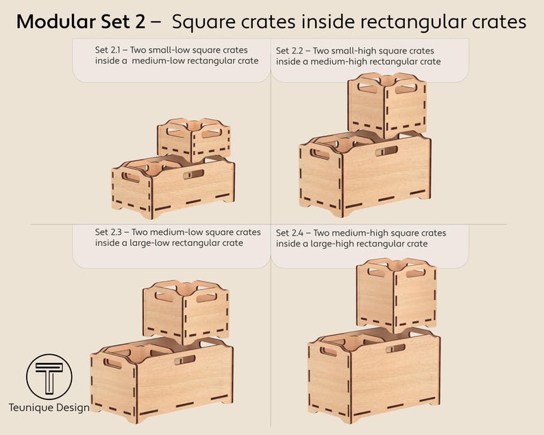 Może przedstawiać: Modułowy zestaw drewnianych skrzyń, z kwadratowymi skrzyniami wewnątrz prostokątnych skrzyń. Obraz przedstawia cztery r&oacute;żne konfiguracje skrzyń, każda o r&oacute;żnych rozmiarach i układach. Tekst na obrazie brzmi "Modular Set 2 - Square crates inside rectangular crates."