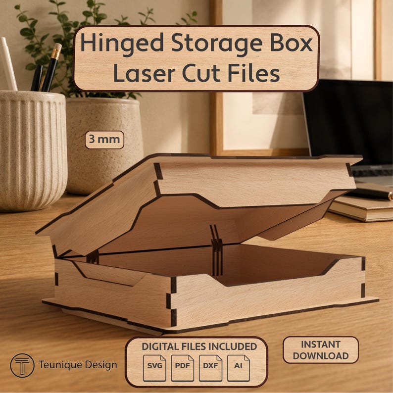 May include: A laser-cut wooden hinged storage box with the text "Hinged Storage Box Laser Cut Files." The box is open, revealing the interior. The wood thickness is 3 mm. Includes digital files for instant download.