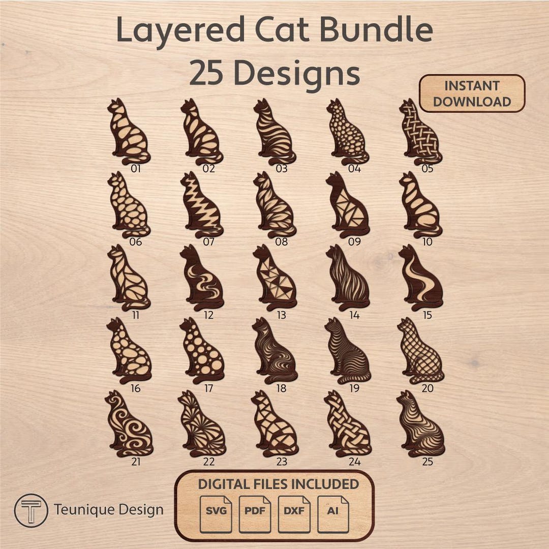 Layered Cat SVG Bundle – 25 Unique Cat Designs for Laser Cutting ...