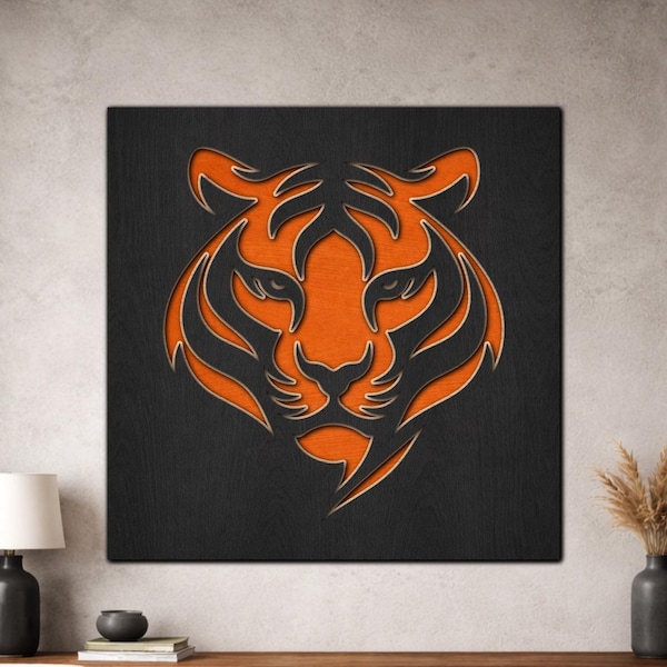 Layered Tiger SVG PDF DXF – 3 Layer Cat Design for Laser Cutting | Wooden Wall Art | Layered Paper Cut Design