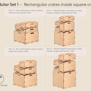 Może przedstawiać: Wyświetlane są cztery zestawy modułowych drewnianych skrzyń. Każdy zestaw zawiera prostokątne skrzynie umieszczone w kwadratowych skrzyniach o r&oacute;żnych rozmiarach. Obraz zawiera tekst: "Modular Set 1 - Rectangular crates inside square crates" i "Teunique Design."