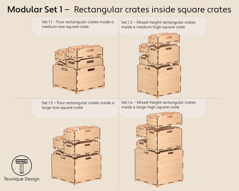 Może przedstawiać: Wyświetlane są cztery zestawy modułowych drewnianych skrzyń. Każdy zestaw zawiera prostokątne skrzynie umieszczone w kwadratowych skrzyniach o r&oacute;żnych rozmiarach. Obraz zawiera tekst: "Modular Set 1 - Rectangular crates inside square crates" i "Teunique Design."