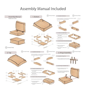 May include: Assembly instructions for a hinged laser-cut box. The manual includes diagrams for assembling the bottom, top, and hinge components. The text "Assembly Manual Included" is at the top.