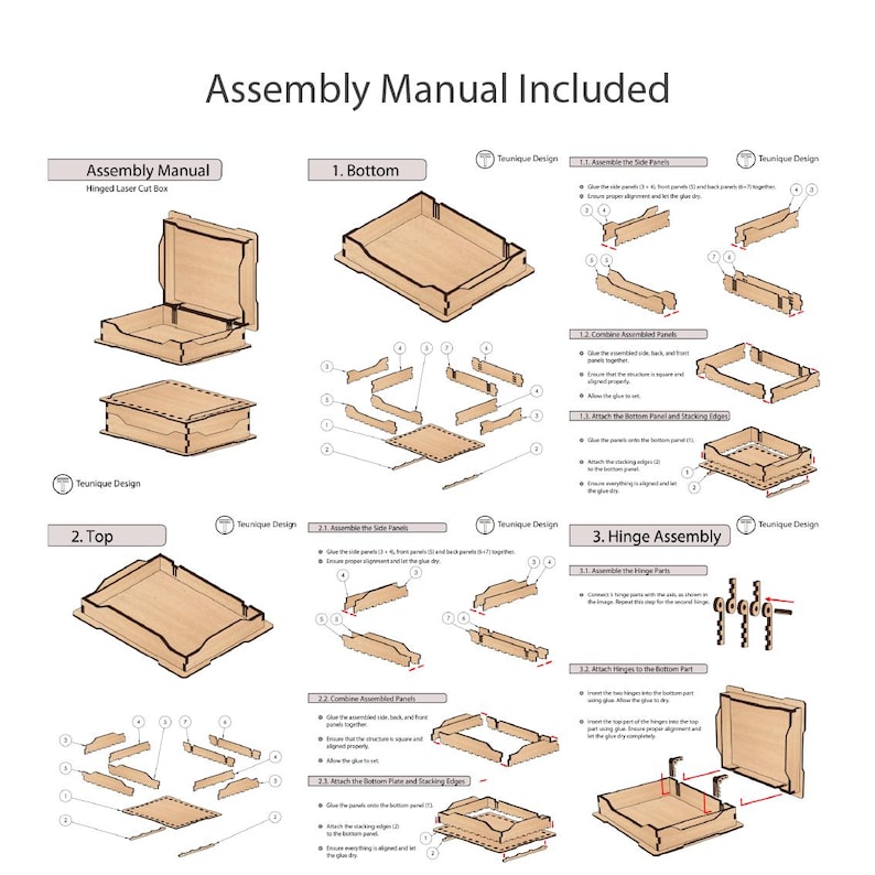 May include: Assembly instructions for a hinged laser-cut box. The manual includes diagrams for assembling the bottom, top, and hinge components. The text "Assembly Manual Included" is at the top.