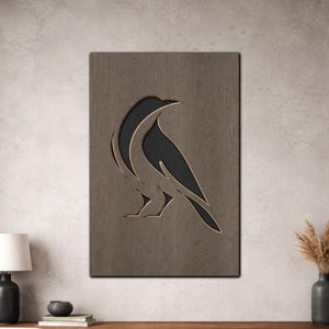 Layered Raven SVG PDF DXF – 3-lagers kråkdesign för laserskärning | Träfågelväggkonst | Flerlagers 3D-pappersdesign