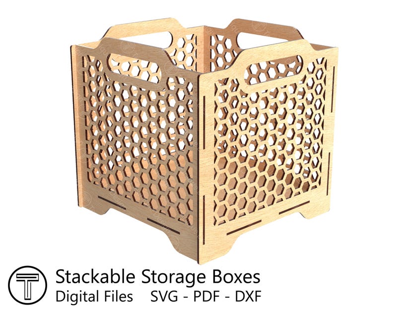 Paquete de cajas de almacenamiento apilables, varios tamaños y patrones, archivos cortados con láser (SVG, PDF y DXF), plantillas de corte, diseño de caja de bricolaje de 3 mm de grosor. imagen 6
