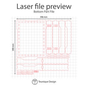 May include: A laser file preview of a bottom part file, measuring 39.6 cm by 39 cm. The design is in red lines on a white background, with the text "Laser file preview" and "Bottom Part File". The design includes a logo for Teunique Design.