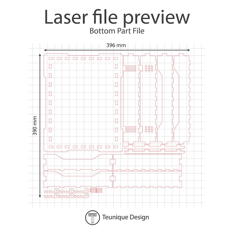 May include: A laser file preview of a bottom part file, measuring 39.6 cm by 39 cm. The design is in red lines on a white background, with the text "Laser file preview" and "Bottom Part File". The design includes a logo for Teunique Design.