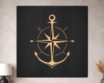 Minimal Anchor Compass SVG, 3 Layer Nautical Laser Cut Wall Art, Compass Rose Coastal Decor, Wood SVG Digital Download