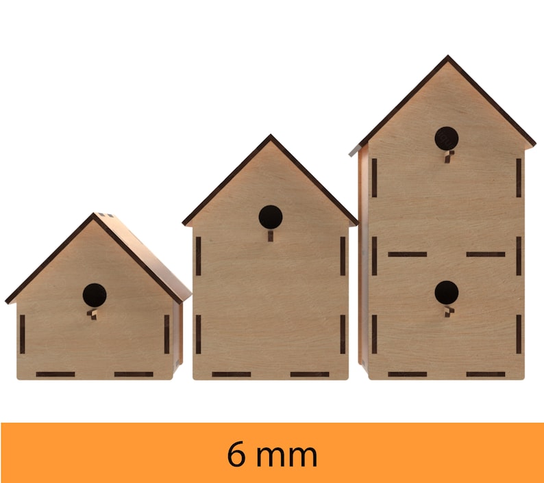May include: Three wooden birdhouses of different sizes, each with a small round opening for birds to enter. The birdhouses are made of light brown wood and have a simple, rustic design. The smallest birdhouse is on the left, the middle birdhouse is in the center, and the largest birdhouse is on the right. The birdhouses are all 6 mm thick.