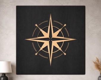 Nautical Compass Wheel SVG, 3 Layer Ship Wheel Compass Rose Laser Cut File, Coastal Wood Wall Art Download