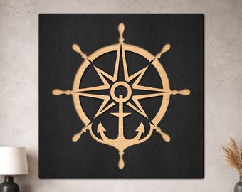 Ship Wheel Compass Rose SVG, 3 Layer Nautical Star Laser Cut File, Anchor Wall Art, Coastal Wood Decor, Digital Download