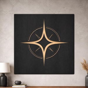 May include: A square wall art piece featuring a black wooden panel with a central cutout design. The cutout reveals a natural light wood grain in the shape of a four-pointed star enclosed within a circular frame, creating a high-contrast look.