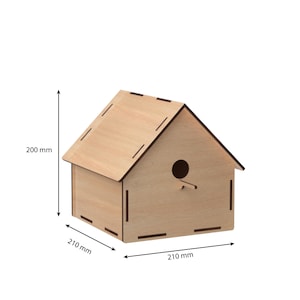 May include: A wooden birdhouse with a simple design, measuring 210 mm wide by 210 mm deep and 200 mm high.