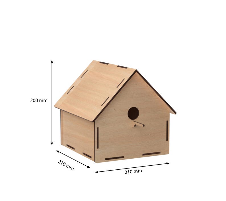 May include: A wooden birdhouse with a simple design, measuring 210 mm wide by 210 mm deep and 200 mm high.