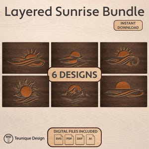 May include: A digital download bundle featuring six layered sunrise designs. Each design showcases a sun with waves, mountains, or a horizon line, all in a warm color palette. The text "Layered Sunrise Bundle" and "Instant Download" are visible.
