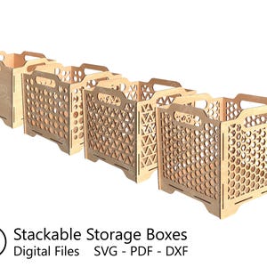 Paquete de cajas de almacenamiento apilables, varios tamaños y patrones, archivos cortados con láser (SVG, PDF y DXF), plantillas de corte, diseño de caja de bricolaje de 3 mm de grosor. imagen 2