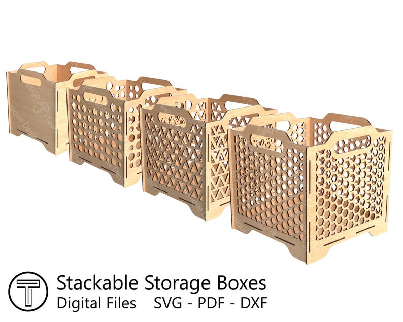 Paquete de cajas de almacenamiento apilables, varios tamaños y patrones, archivos cortados con láser (SVG, PDF y DXF), plantillas de corte, diseño de caja de bricolaje de 3 mm de grosor. imagen 2