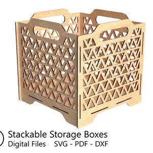 Paquete de cajas de almacenamiento apilables, varios tamaños y patrones, archivos cortados con láser (SVG, PDF y DXF), plantillas de corte, diseño de caja de bricolaje de 3 mm de grosor. imagen 8