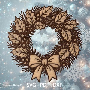 May include: A wooden Christmas wreath featuring holly leaves, berries, and a bow. The wreath is made of light brown wood with darker brown detailing. The design is intricate and detailed, perfect for holiday decor.