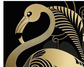 Oeuvre de téléchargement numérique FLAMINGO - oiseau, noir, or, années 1920, art déco, milieu du siècle, stylisé