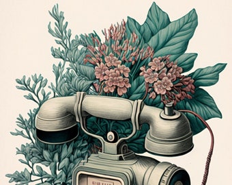 Oeuvre de téléchargement numérique TÉLÉPHONE - téléphone, antiquité, excentrique, botanique, illustration, dessin