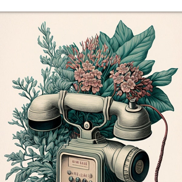 PHONE digital download artwork - telephone, antique, quirky, botanical, illustration, drawing