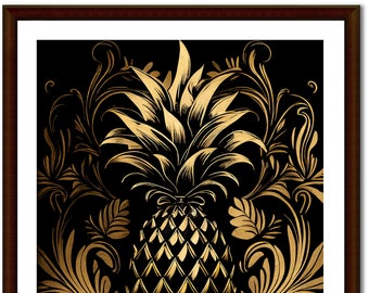Oeuvre de téléchargement numérique ANANAS - fruit, noir, or, années 1920, art déco, milieu du siècle, stylisé